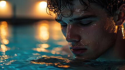 Close-up of a male swimmer with wet hair, focusing intently in a pool during evening training