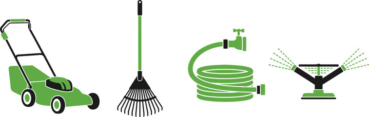 Lawn Care Icons Lawn Mower, Leaf Rake, Garden Hose, Sprinkler