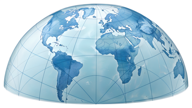 3D globe with latitude-longitude lines, isolated on transparent background, soft blue tone.