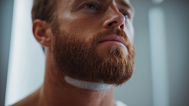 Close-up of a man's face with a well-groomed beard and smart grooming style in a modern setting