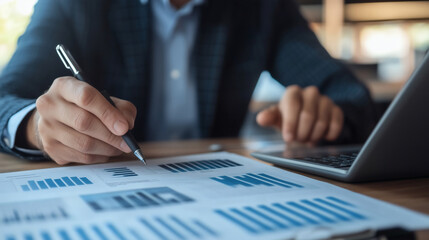 Business person analyzing financial data with charts and laptop
