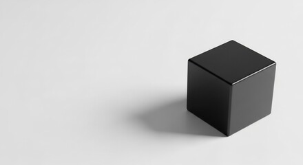 Fototapeta premium A single black cube sits on a white surface casting a shadow