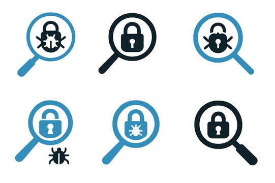 Ethical Hacking Icons. Ethical hacking for business security. Icon set. Set Logo of Ethical hacking for business security: vulnerability scanner. harmonious