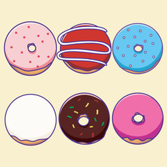 Set of cute donuts with red, blue and chocolate and colorful sprinkles. Vector flat illustrations collection