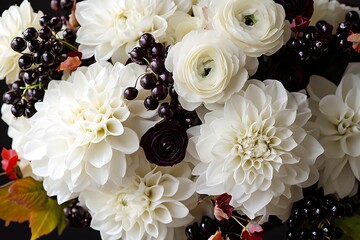 A classic bouquet using pristine white blooms accented with deep berry tones,