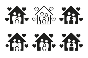 Fototapeta premium Family Vision Icons. Creating a family vision board. Icon set. Set Logo of creating a family vision board: home silhouette surrounded by family icons and