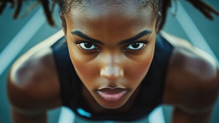 Intense close-up portrait of a female sprinter ready at the starting line on a vibrant track day, showcasing determination and focus.