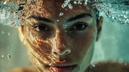 Obraz premium Close-up portrait of a female swimmer captured underwater in vibrant detail, highlighting determination and focus with water droplets glistening around her face.