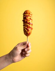 A person holds a battered, fried food on a stick, drizzled with toppings