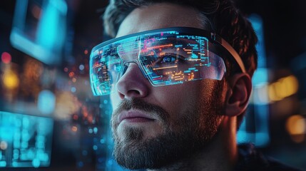 Close-up portrait of a man wearing augmented reality headset with digital interface reflections in a futuristic environment