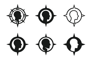 Fototapeta premium Personalized Coaching Logos. Personalized career coaching. Set Logo of personalized career coaching: compass merged with a human profile. Icon set. harmonious
