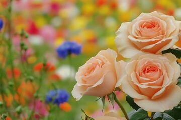A close-up of peach roses against a backdrop of colorful wildflowers in Peach Fuzz,