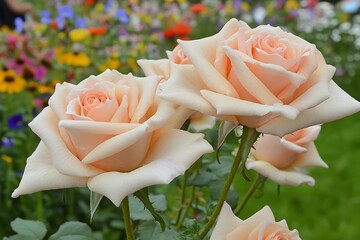 A close-up of peach roses against a backdrop of colorful wildflowers in Peach Fuzz,