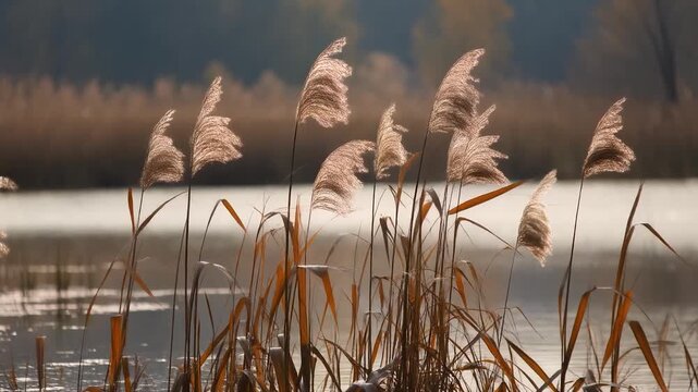 Tall grass with feathery plumes near a body of water on an overcast day in the countryside