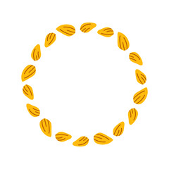 Round wreath with cute flat almond nuts isolated on white background.