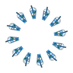 Cute round frame with doodle water with ice and mint in cup to go isolated on white background.