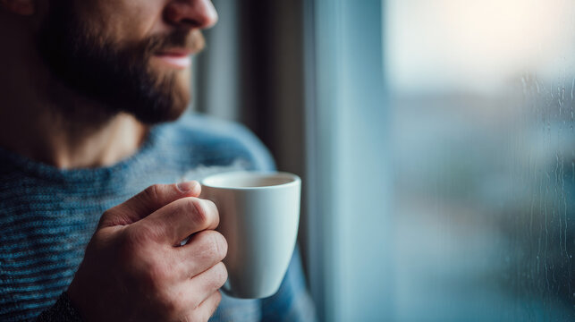 Man holding cup of coffee near bright window, minimal cinematic mood and reflective atmosphere