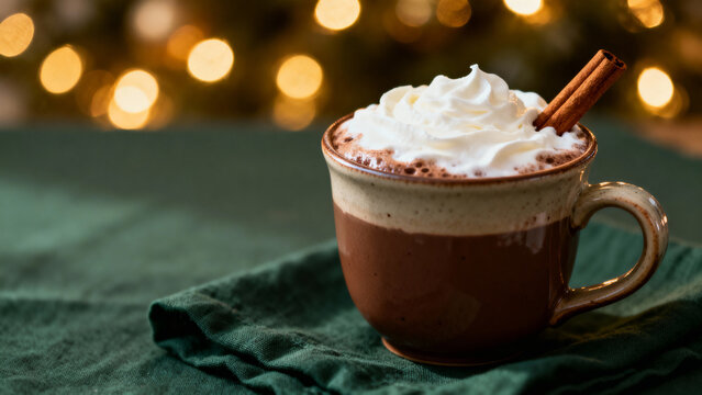 Mug of hot chocolate topped with cream and cinnamon stick, cozy festive mood, copy space.