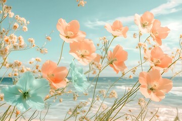 A coastal view with soft peach and cool aqua flowers gently swaying in the sea breeze,