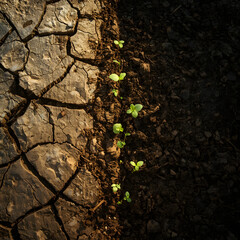 Tiny green sprouts emerge from parched, cracked earth, signifying new beginnings and perseverance