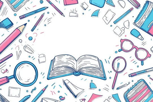 Creative educational background with colorful school supplies and open book on a white poster layout