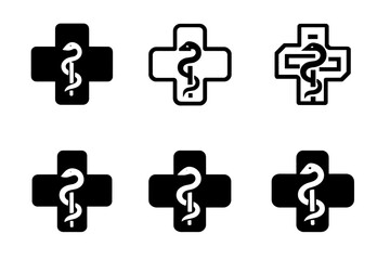 Obraz premium Medical Cross Variations. Medical cross symbol. Set Logo of Medical cross symbol: intertwined cross and serpent staff symbol. Icon set. harmonious logo