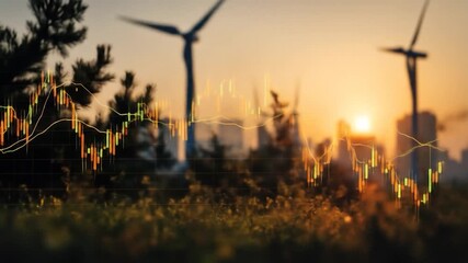 Abstract overlay of a stock market graph on a blurred backdrop of wind turbines at sunset - Powered by Adobe