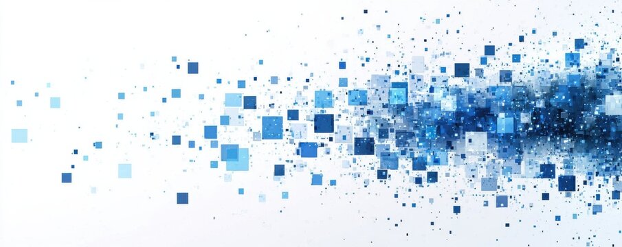 Dynamic abstract background with blue squares on a white canvas, creating a modern geometric design and digital matrix effect