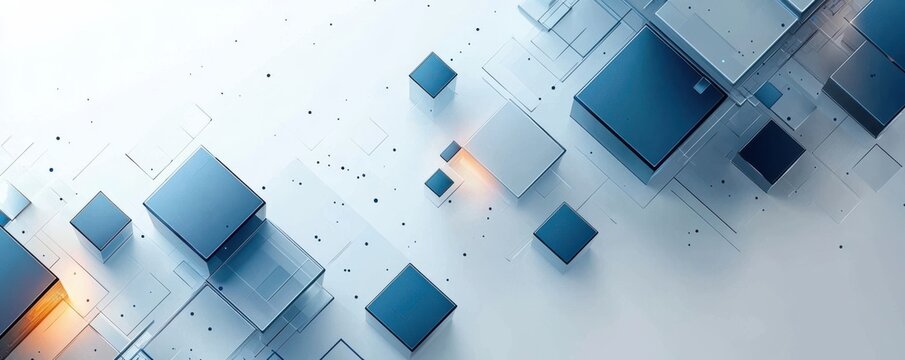 Abstract banner with blue squares on a white background, showcasing a modern and futuristic design - Powered by Adobe