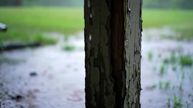 Raindrops falling on weathered wood post with blurred green landscape and bright sky beyond