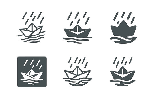 Paper Boat Logos. Rainy mood illustration. Set Logo of Rainy mood illustration: paper boat in gutter stream. Icon set. harmonious logo variations of the same