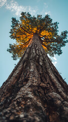 Looking up at a massive redwood tree from its base, with sunlight filtering through the branches against a blue sky