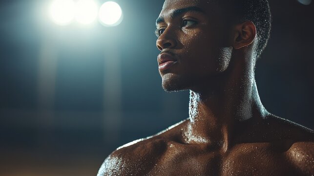Waist-up portrait of a focused male basketball player, illuminated by stadium lights during an intense game
