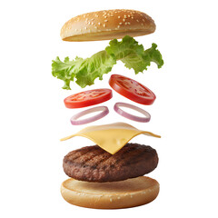 Exploded view of a delicious hamburger with lettuce, tomato, onion, cheese, and beef patty on a bun, isolated on white background
