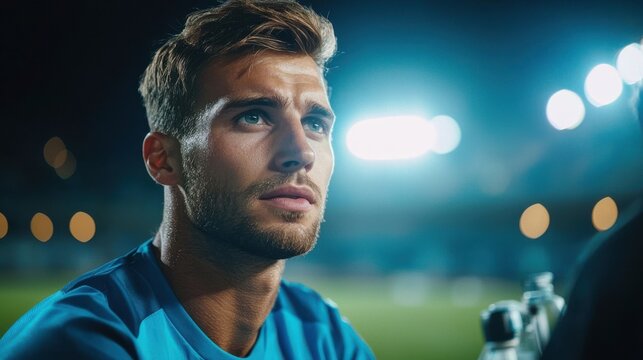 Focused soccer player in a blue jersey looking determined under stadium lights during an outdoor match