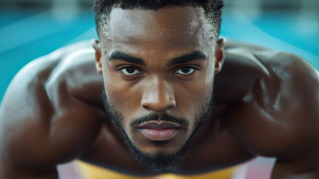 Focused male sprinter poised at the starting line showcasing determination and strength in an indoor track setting