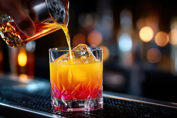Bartender pouring a Tequila Sunrise cocktail at bar