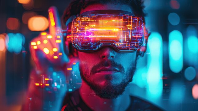 Man interacting with digital interface through virtual reality headset in futuristic environment