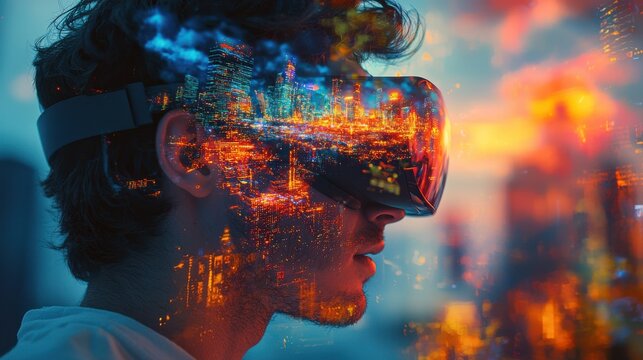 Waist-up portrait of a man immersed in virtual reality using a VR headset with an urban cityscape overlay, depicting futuristic technology and digital innovation