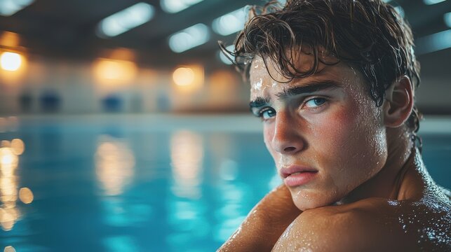 Confident young swimmer leaning on the pool edge looking directly at the camera with determination - Powered by Adobe