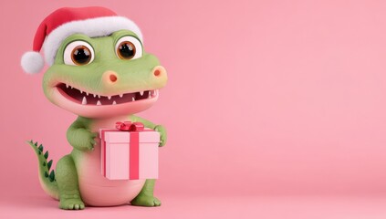 Naklejka premium Baby cartoon crocodile wearing red Santa hat holds Christmas gift box standing on pale pink background, funny xmas delivery scene