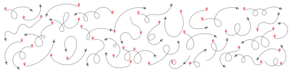 Airplane line path icon of air plane flight route dash line trace with start point. Simple airplane travel line path with map pins. Plane routes dotted paths