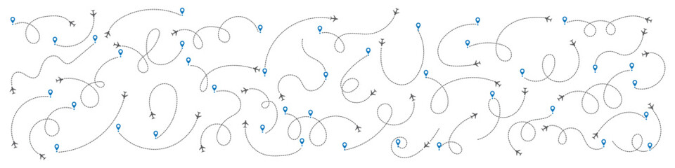 Airplane routes set.Plane route line.Planes dotted flight pathway.Plane paths. Aircraft tracking, planes, travel map pins location pins. Romantic travel, heart dashed line trace and plane routes eps10 © RadheK 