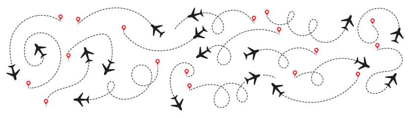 Airplane line path icon set. Vector illustration of air plane flight route with line trace on white background. map pins, location pins. Travel from start point and dotted line tracing. EPS 10