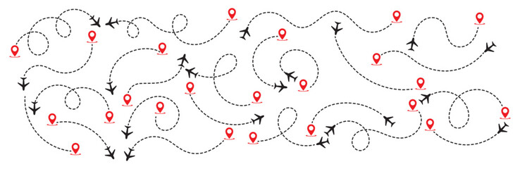 Airplane routes set.Plane route line.Planes dotted flight pathway.Plane paths. Aircraft tracking, planes, travel map pins location pins. Romantic travel, heart dashed line trace and plane routes eps10