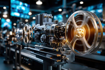 Obraz premium Vintage film projector showcasing intricate mechanics in a modern film studio environment