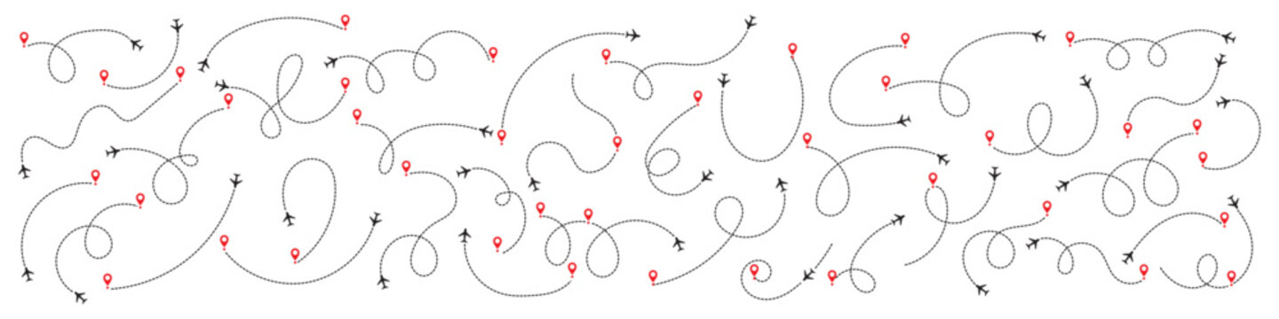 Airplane line path icon of air plane flight route dash line trace with start point. Simple airplane travel line path with map pins. Plane routes dotted paths