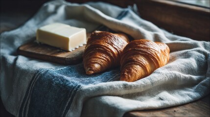 Freshly Baked Croissants and Butter Resting on Linen Cloth in a Cozy Kitchen Setting During Morning Light
