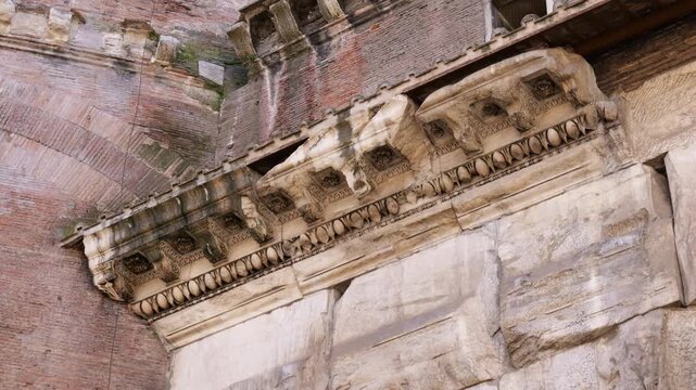 tilted bottom marble red brick walls pantheon temple rome design to up close top view closeup details architectural texture 