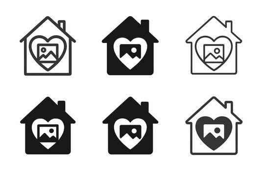 Family Photo Logos. Personalizing home decor with family photos. Set Logo of personalizing home decor with family photos: home heart symbol with photo frame.